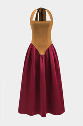 Contrast Satin Pleated Tie-Up Maxi Dress